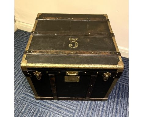 Edwardian brass and wood bound square trunk, top brass nailed 3, with leather handles,W62cm D62cm H48cm