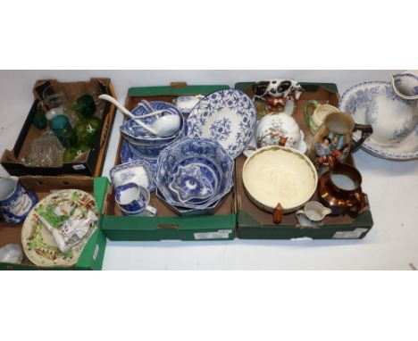 Collection of blue and white transfer printed ceramics, incl. a Jamie Stuart Scotch jug, glassware, wash bowl and jug, etc.