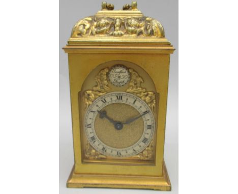 Elliott Clocks, 20th Century brass bracket clock timepiece, break arch brass dial, applied silvered chapter ring, brass spand
