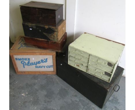 Players Navy Cut cigarette crate, cabin trunk, filing drawers and three boxes