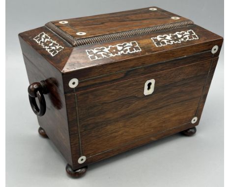 19th century rosewood mother of pearl inlaid sarcophagus shaped tea caddy, on compressed bun feet, W19.5cm H15.5cm