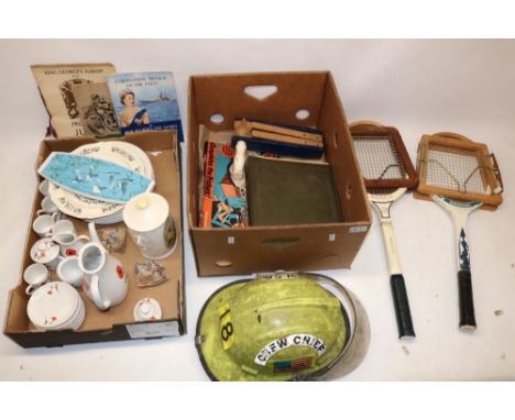 Phil Daniels Collection - Various collectables incl. two vintage tennis rackets, firefighter's helmet, stamp album, various c