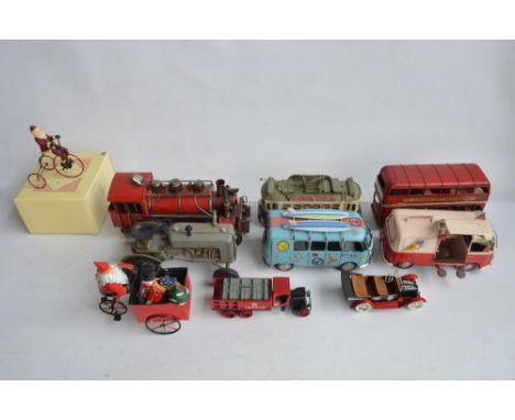 Collection of steel model vehicles including 2x VW camper vans, a double decker bus, tractor etc and 2x diecast Texaco vehicl