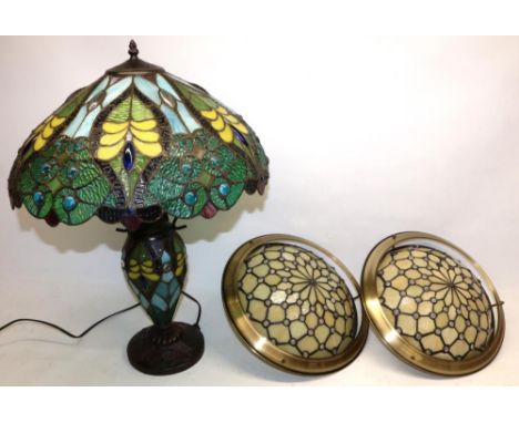 Tiffany style table lamp, naturalistic decoration, bronzed foot, H63cm and pair of Tiffany style centre lights, patinated bra