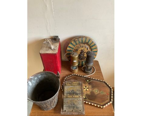 Collection of vintage decorative items, incl. letter rack, decorative wooden tray, vintage wooden bucket, two miner's lamps, 
