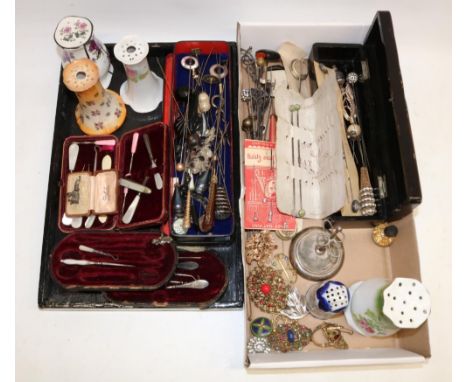 Collection of ladies accessories, incl. hat pins, hat pin holders incl. one hallmarked silver; and a collection vintage brooc