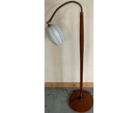 Phil Daniels Collection - Mid 20th century brass plated and teak adjustable standard lamp with original glass shade, H145cm a