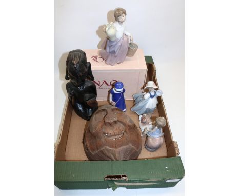 Lladro figure, two Nao figures, B&amp;G figure, African carved wood figure, and a carved coconut (6)