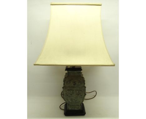 Chinese Archaic style pottery table lamp, on wooden base with shade, H72cm max