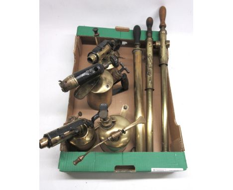 Sievert brass blow lamp, H22cm; three over vintage blow lamps; Abol no. 5 brass Patent Syringe, L63cm and two other similar