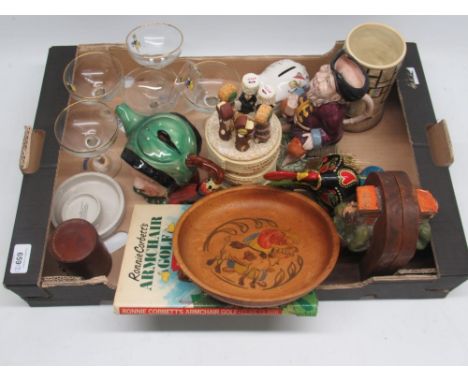 Mixed collectables incl Beswick teapot, wood and ceramic bookends, babycham glasses x6, spode candle holder and snuffer pair,