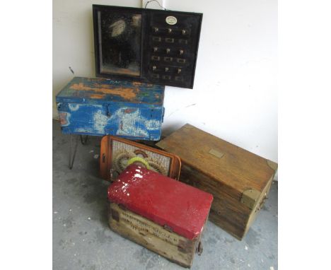 Pine brass bound travelling trunk with lift out tray, 1930s butterfly wing tea tray, two wooden storage boxes and a mirror (5