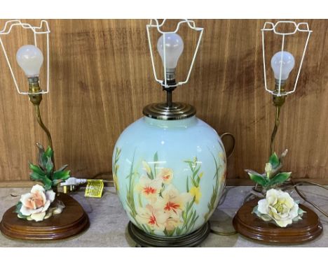Chinese style table lamp with globular body and a pair of table lamps decorated with ceramic roses (3) 