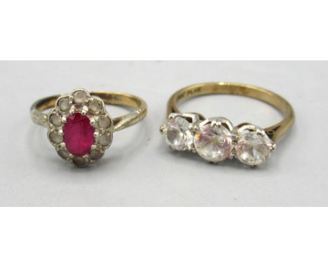 Antique 9ct yellow gold cluster ring set with ruby and clear stones, size I1/2, 9ct yellow gold ring set with three large cle