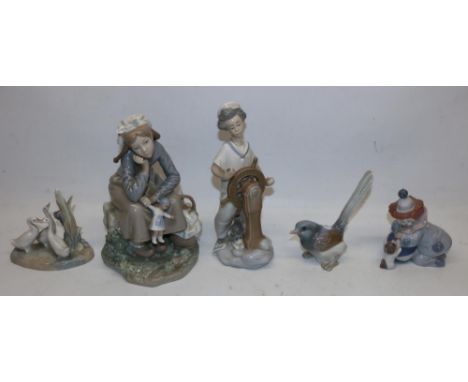 Lladro figure group no. 1211, girl with doll, H22cm; two other Lladro figures; and two Nao figures (5)