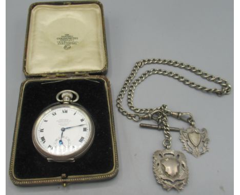 Northern Goldsmiths Co. Newcastle 'Admiralty' silver keyless pocket watch, signed white enamel Roman dial, subsidiary seconds