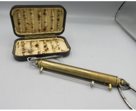 Hardy Brothers bakelite fly box and flies and Chatillon Model IN-50 brass fishing scale (2) 