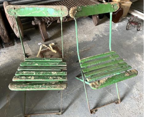 Pair of Vintage folding garden chairs with wooden slats, and a Nursery Rhyme board, (3)