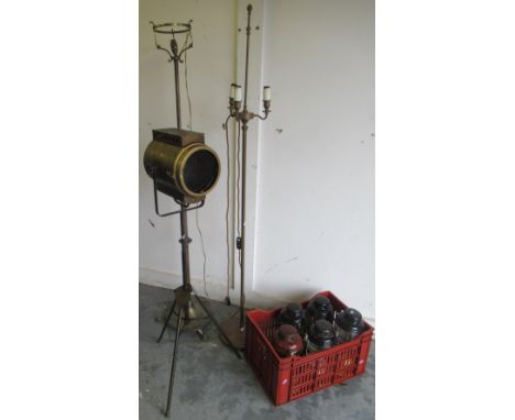 Reproduction theatre lamp, two brass standard lamps, five tilley lamps
