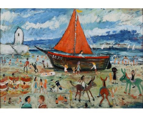 SIMEON STAFFORD (b.1956) Unframed, signed, oil on board, dated and titled verso, '10.82', 'Harbour Scene St Ives', Naïve busy