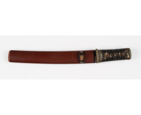 An early 20th Century Japanese dagger, the handle having brass mounts with black grip, together with red coloured scabbard, b