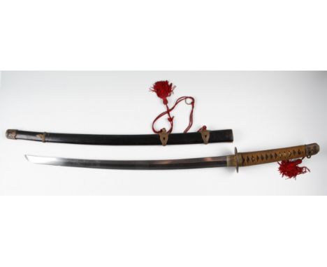 A Japanese WW2 / mid 20th Century army sword having curved blade and handle with fabric covered grip, with original scabbard,