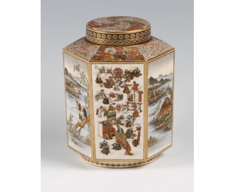 A Japanese Meiji period Satsuma pottery tea caddy canister by Yabu Meizan (1853-1934), the hexagonal body decorated with pane