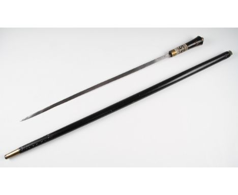 An Indian sword stick with ebonised handle and body, handle having carved and white coloured decoration, blade length 94cm.