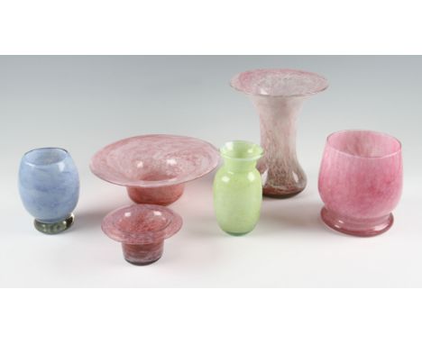 A group of six Nazeing glass vases to include; two waisted vases, one having flared opening and two flared bowls, all having 