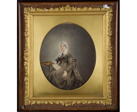 Framed, unsigned, watercolour and bodycolour on paper, three quarter length portrait of a woman in full length black gown, sl