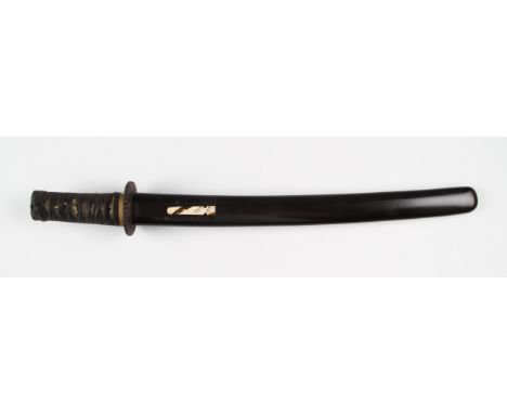 An early 20th Century Japanese Tanto dagger, having fabric covered grip with patterned tsuba with black scabbard, blade lengt