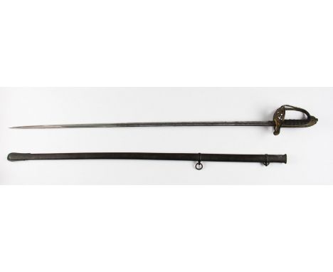 A Victorian officers dress sword and scabbard, the blade having ornate design with Queen's crown and makers name reading, May