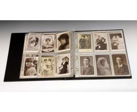 An album of assorted theatre related postcards, mostly figural and portrait designs, including; Lewis Waller Mrs Langtry, Hen