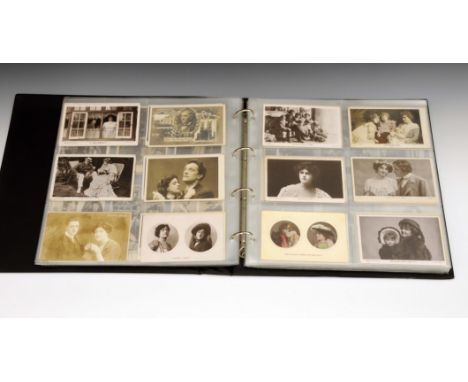 An album of assorted theatre postcards including portrait, figural group and scene shots with some autographed examples, comp