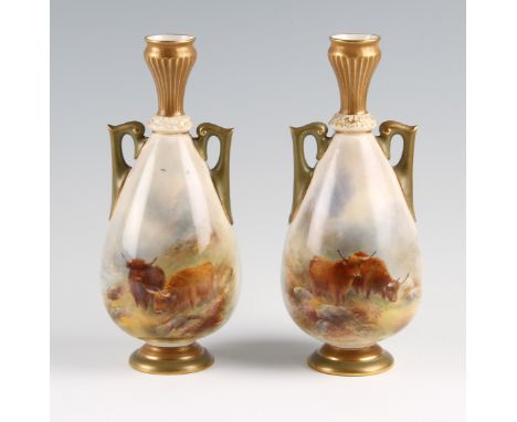 A pair of early 20th Century Royal Worcester twin handled vases, both having hand painted highland cattle decoration, both si