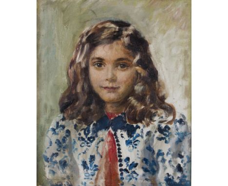 DULCIE LAMBRICK (1901 - 1981) Framed, signed, oil on board, bust length portrait of a girl with shoulder length wavy brown ha