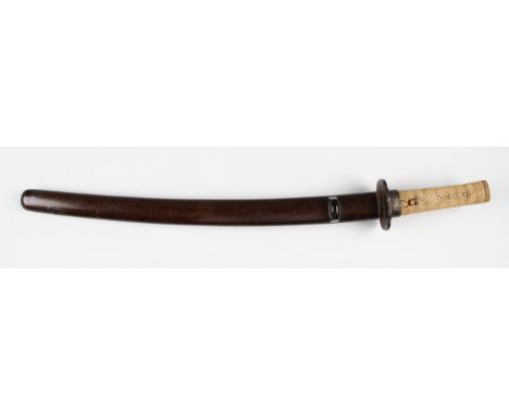 An early 20th Century Japanese sword, the plain blade being of slight curve shape with patterned tsuba, handle lacking fabric