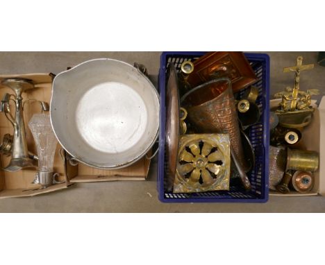 A collection of brassware, other metalwares including an epergne and claret jug **PLEASE NOTE THIS LOT IS NOT ELIGIBLE FOR PO
