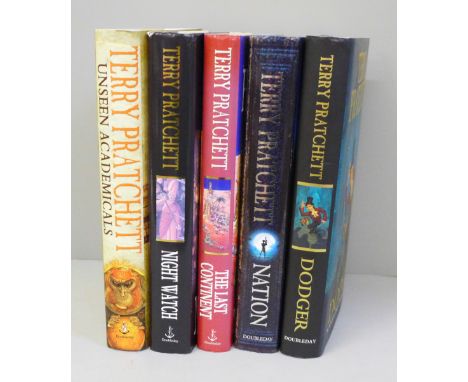 Five hardback first edition novels by Terry Pratchett; The Lost Continent (1998), Night Watch (2002), Unseen Academicals (200