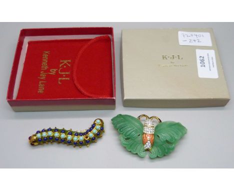 A Kenneth Jay Lane (KLJ) simulated jade butterfly brooch and a blue stone caterpillar brooch lacking one stone 