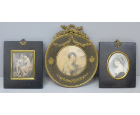 A 19th Century half portrait watercolour of a Regency lady in an ebonised frame, one other engraving in an ebonised frame and