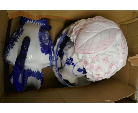 A blue and white wash jug and bowl, one other wash jug and a planter 