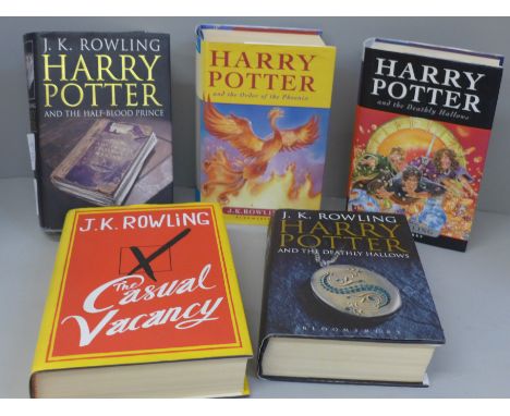 Five hardback first edition novels by J.K. Rowling; Harry Potter and The Order of The Phoenix (children's version), Harry Pot