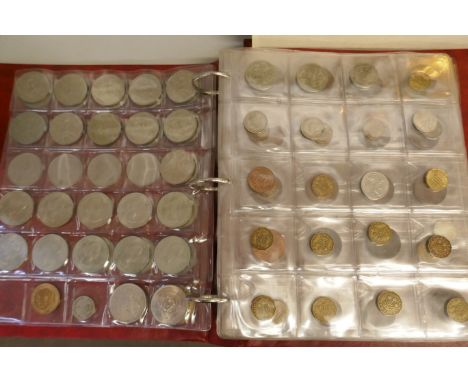 A coin album with commemorative crowns, pre-decimal, first day coin and stamp packs, 1999/2012 proof sets, two sealed £5 2012