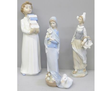 Two Lladro figures, both a/f, a Lladro figure of mother duck and ducklings and a Nao figure of a choir boy with hymn books 