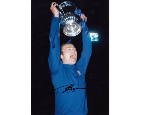 Autographed RON HARRIS 12 x 8 photo : Col, depicting Chelsea captain RON HARRIS holding aloft the FA Cup as he is chaired by 