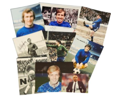 Footballers Chelsea Legends, 9 colour photos 11.75 x 8.25 / 10 x 8 inch / 7 x 5 inch. Signatures such as Dixon, Harris, Bonet