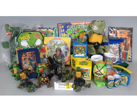 Collection of toys from 'Teenage Mutant Hero Turtles', 'The Mask' and Action Man including Ninja Turtle figures, costumes, bo