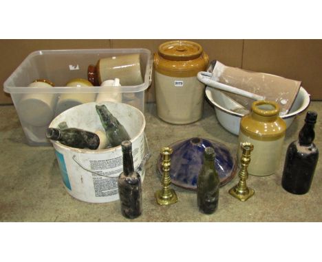 A small collection of vintage stoneware storage jars together with further vintage glass bottles, eight enamel pendant lights