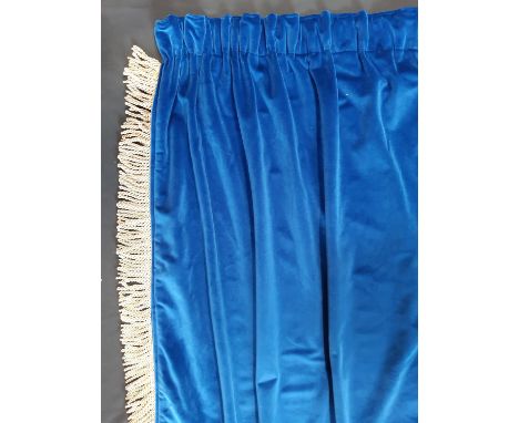 Ex film set props; 2 pairs curtains in blue velvet type fabric, unlined and trimmed with  heavy gold braid. Pair 1; Length 2.